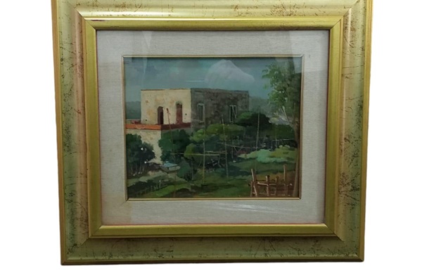 45342 Quadro dipinto ad olio con cornice dorata Casetta nel verde